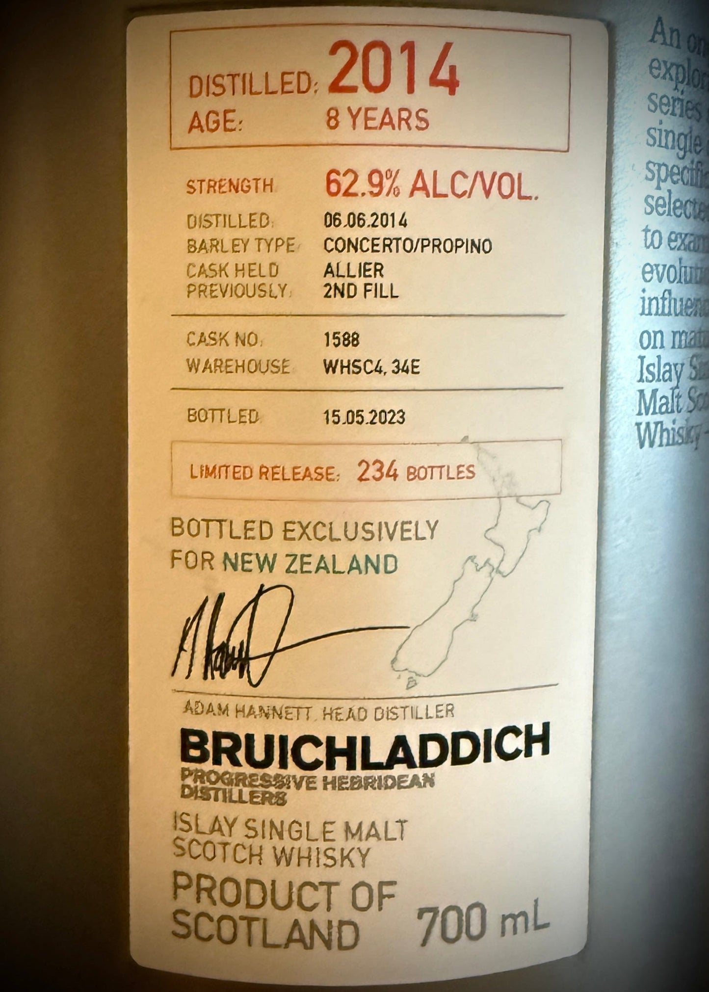 Horny Pony Bruichladdich 8y/o 2014 Allier 2nd Fill Cask#1588 Micro Provenance NZ Exclusive 62.9%Abv 30ml