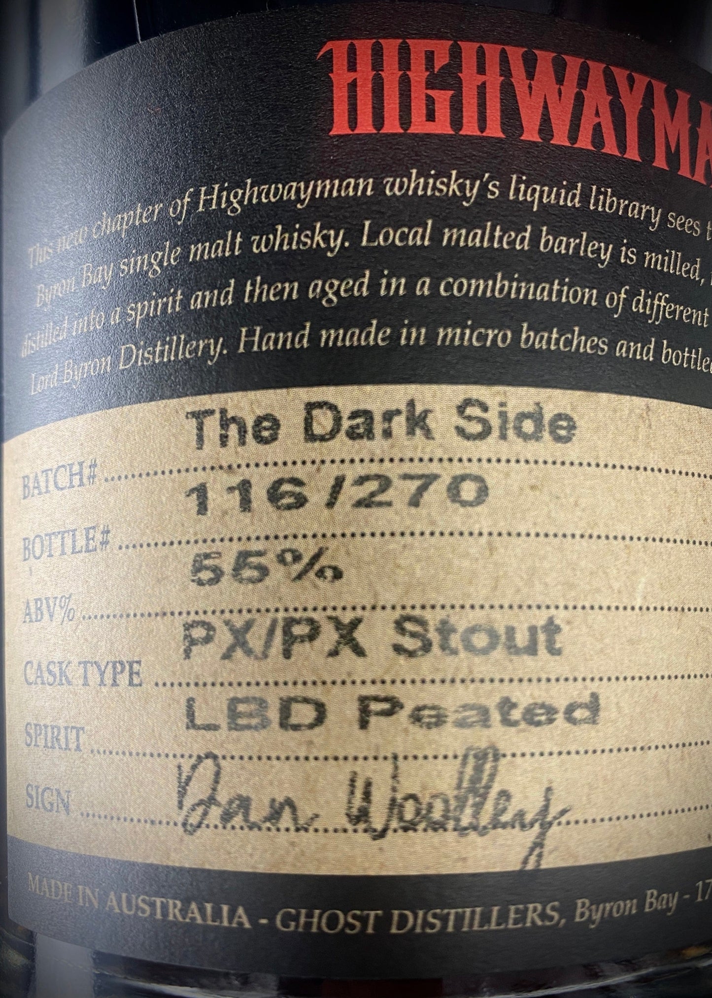Horny Pony Whisky Highwayman 'The Dark Side' Peated PX / PX Stout Cask 55%abv 30ml