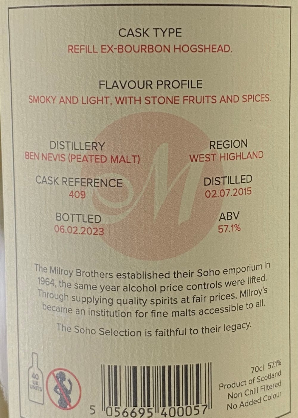 Horny Pony  Ben Nevis 7y/o Cask#409 Peated Malt Milroy's Soho Selection 57.1%abv 30ml