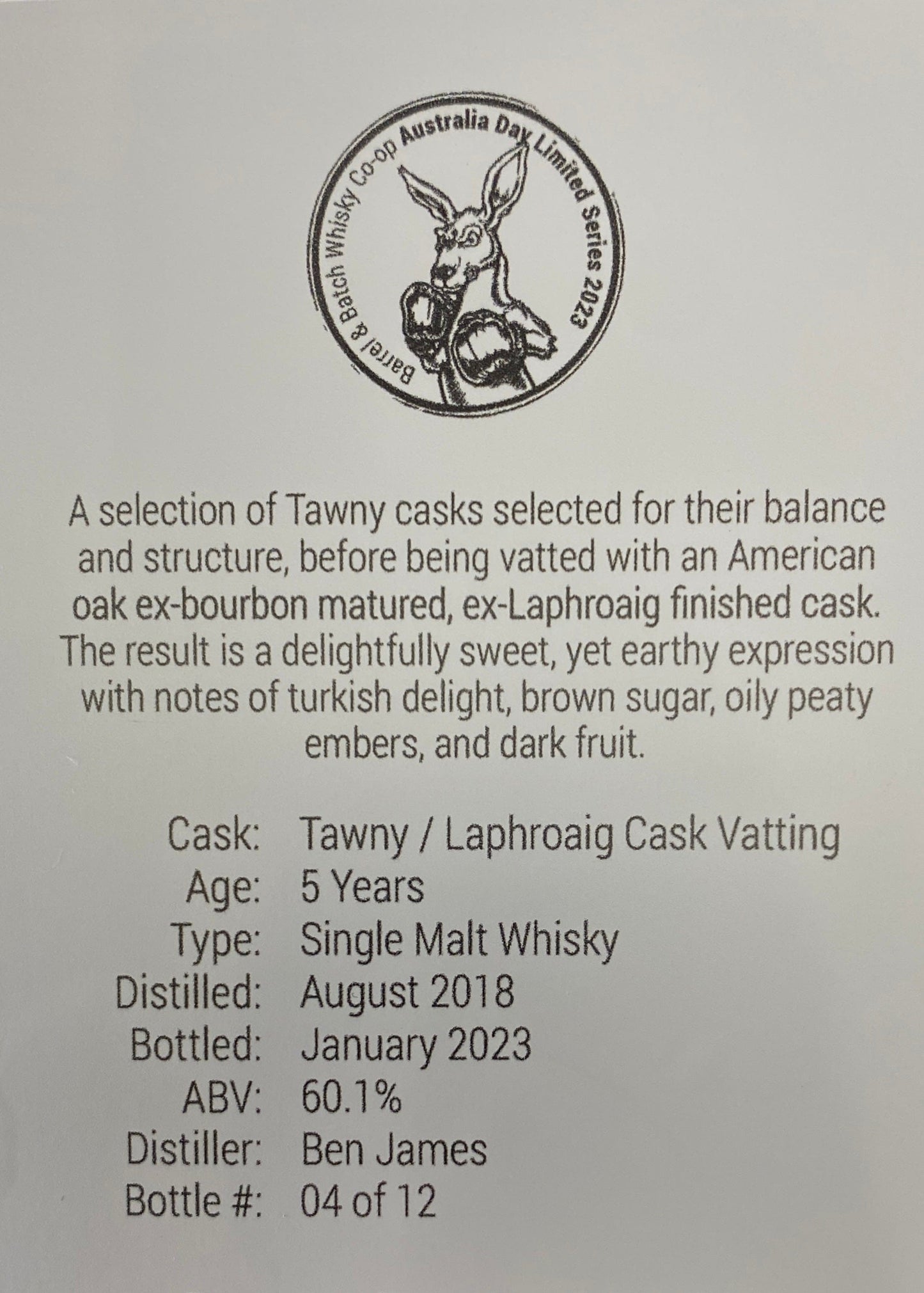 Horny Pony  Hobart Whisky Tawny / Laphroaig Cask Vatting Barrel & Batch 60.1%ABV 30ml